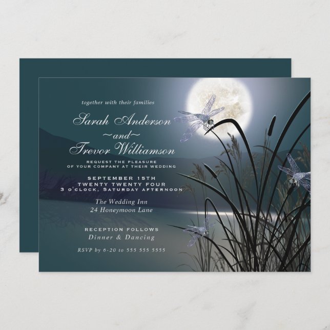 Invitación Polvoriento Boda Verde azulado Luna Llena Dragonfl (Anverso / Reverso)