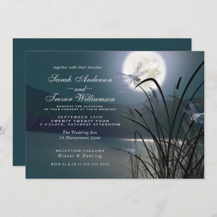 Invitación Polvoriento Boda Verde azulado Luna Llena Dragonfl