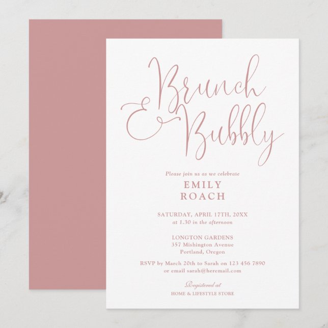 Invitación Polvoriento Rosa De Brunch Rosa Y Ducha Bridal (Anverso / Reverso)