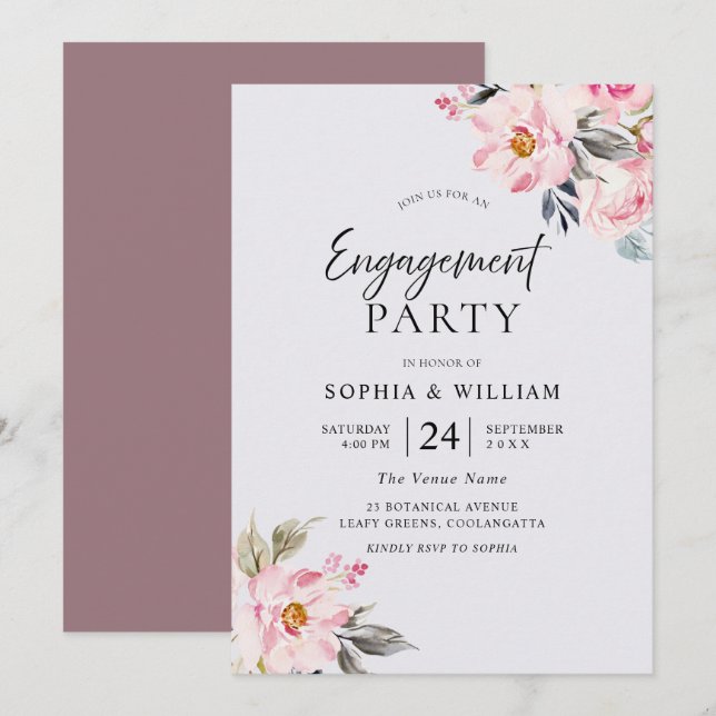Invitación Polvoriento Rosa Floral Rubor Pink Engagement Part (Anverso / Reverso)