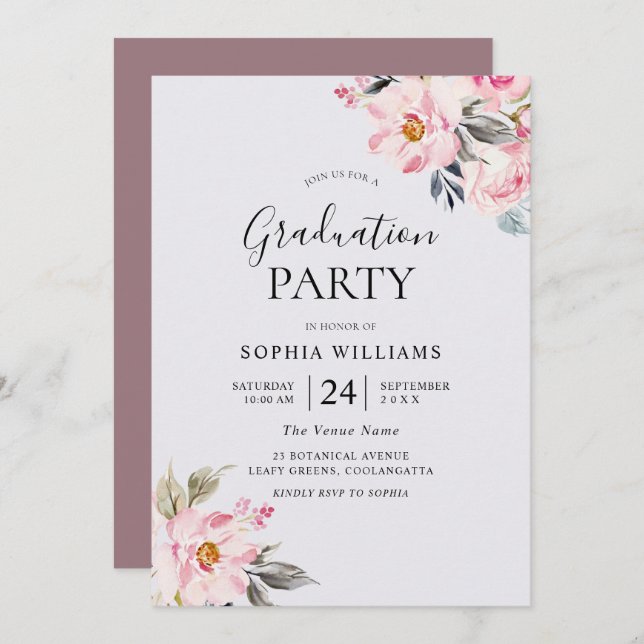 Invitación Polvoriento Rosa Floral Rubor Pink Graduation Part (Anverso / Reverso)