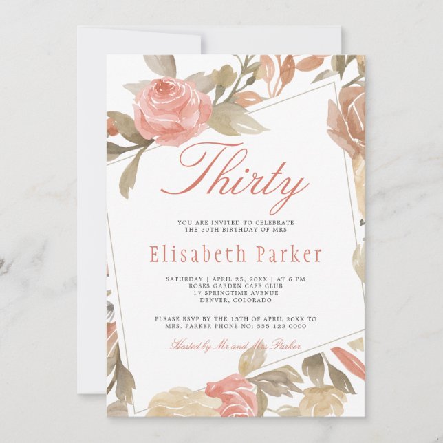 Invitación Polvoriento Rosa Peach Cream Floral 30 cumpleaños  (Anverso)