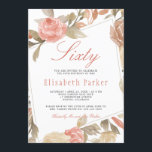 Invitación Polvoriento Rosa Peach Cream Floral 60 cumpleaños<br><div class="desc">Elegante y elegante invitación para fiestas de sesenta años con rosas de jardín pintados a mano con un marco de color rosa rubí, rojo oxidado pálido, crema pastelera y flores beige marrón con follaje sobre un fondo blanco limpio. Fácil de personalizar con tus detalles! Adecuado para primavera, jardín de verano...</div>
