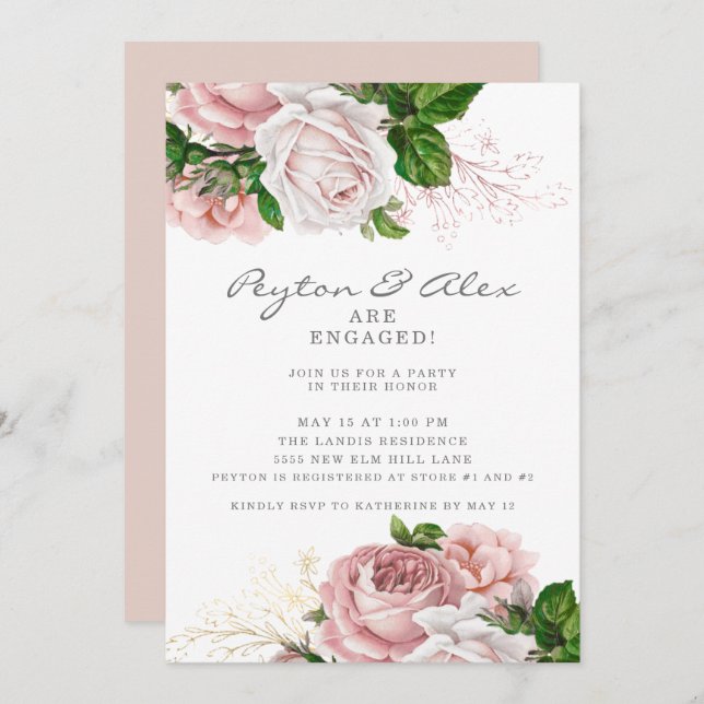 Invitación Polvoriento Rosa Pink Floral White Engagement Part (Anverso / Reverso)