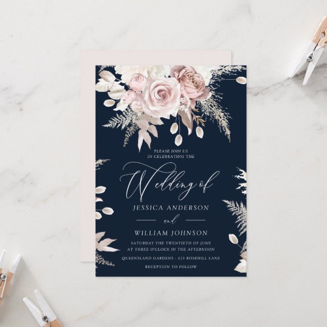 Invitación Polvoriento Rosa Rubor Boho Boda floral rosa (Anverso/Reverso In Situ)