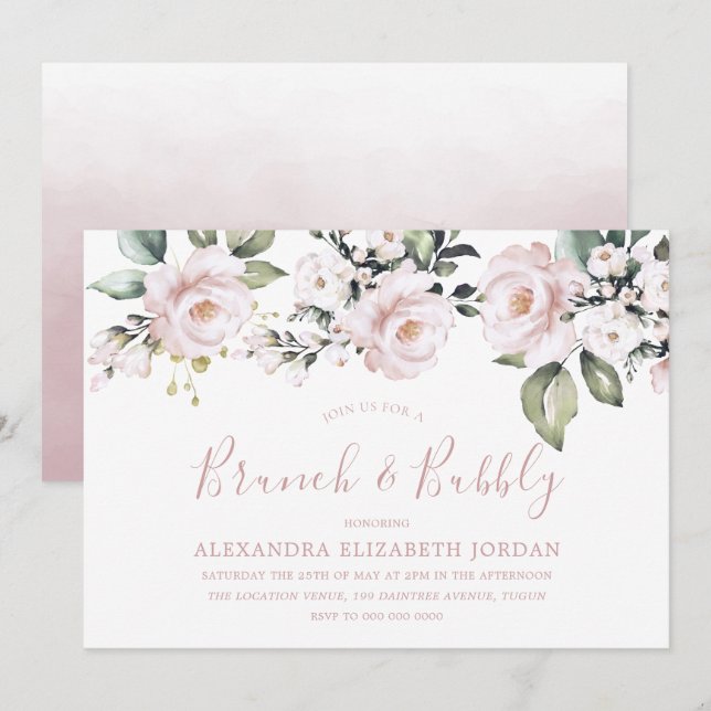 Invitación Polvoriento Rosa Rubor Brunch and Bubbly Bridal Sh (Anverso / Reverso)