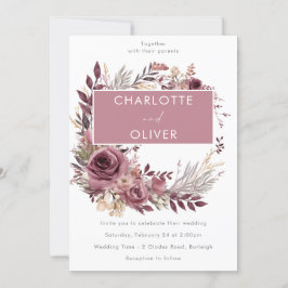 Invitación Polvoriento Rosa y Borgoña Wreath Boda moderno