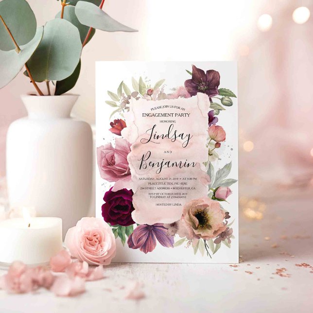 Invitación Polvoriento Rosa y Burgundy Floral Engagement Part (Boho Blooms Burgundy Red and Pink Floral Engagement Party Invitations)