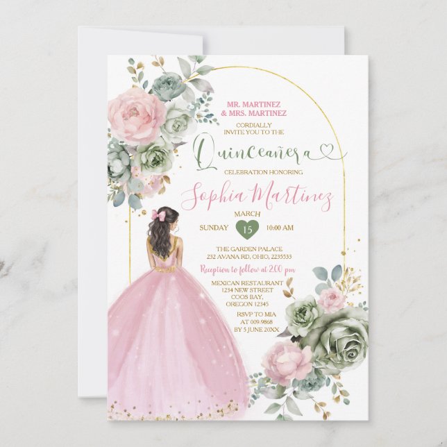 Invitación Polvoriento vestido de princesa rosa Sage Floral Q (Anverso)
