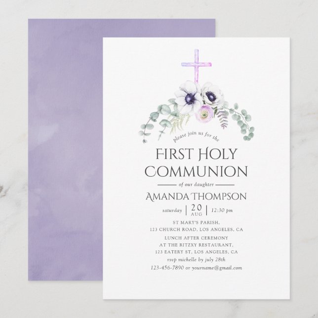 Invitación Polvoriento Violeta Floral Primera Santa Comunión (Anverso / Reverso)