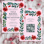 Invitación Pomegranates Personalizado B'nai Bat Bar Mitzvah Q<br><div class="desc">¡Tarjeta perfecta para anunciar un bar mitzvah, bat mitzvah u otra celebración judía! ¡La mano hizo arte para ti! ¡TODO PERSONALIZABLE! Haga clic en "Personalizar" para editar el texto y agregar su vínculo al código QR. Haga clic en "editar usando la herramienta de diseño" para ajustar las fuentes, colores y...</div>