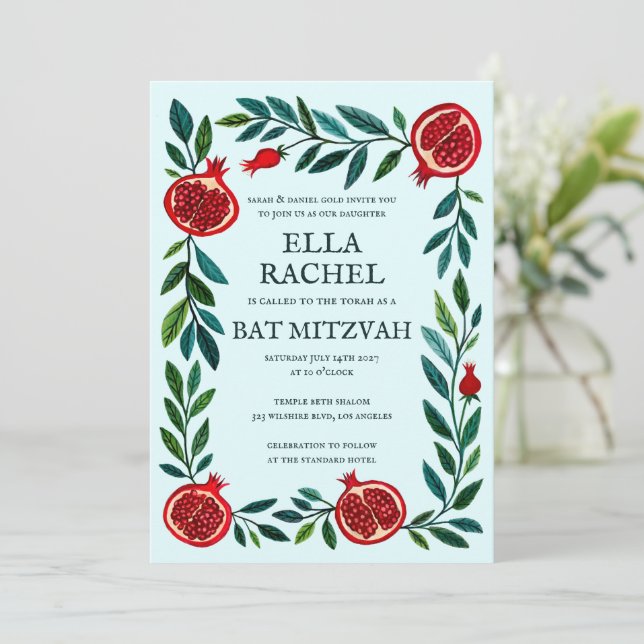 Invitación Pomegranates Personalizado B'nai Bat Bar Mitzvah Q (Anverso de pie)