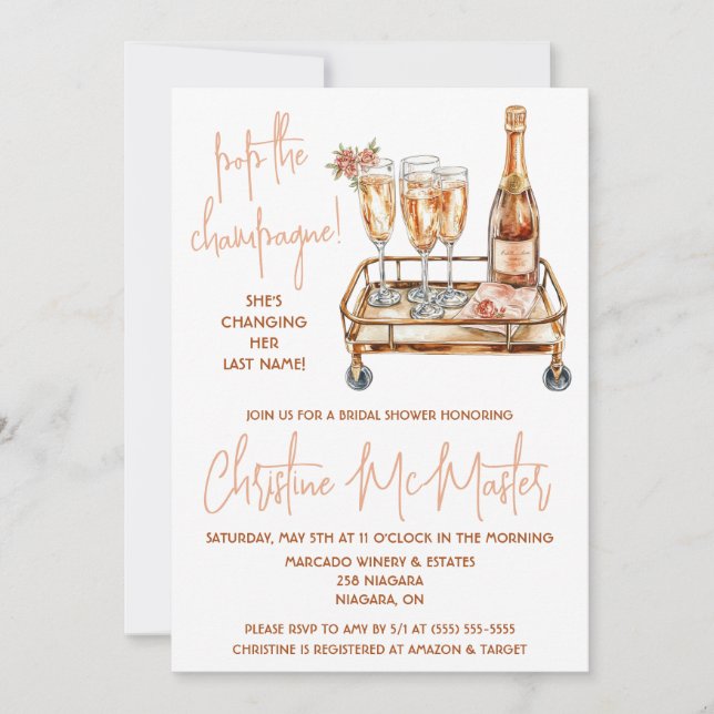 Invitación ¡Pon el Champage! Ducha de novias dorada y rosa (Anverso)