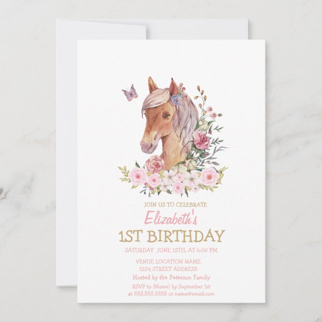 Invitación Poni de Acuarela Cumpleaños de Flores a Rayas (Anverso)