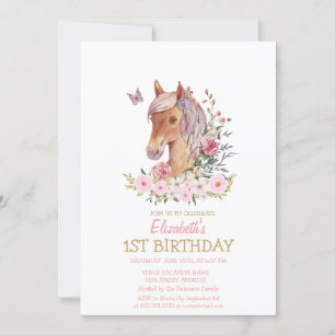 Invitación Poni de Acuarela Cumpleaños de Flores a Rayas