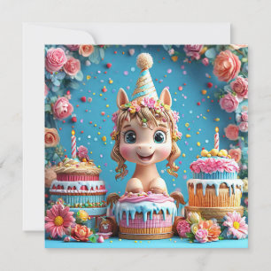 Invitación Poni de dibujos animados adorable celebrando cumpl