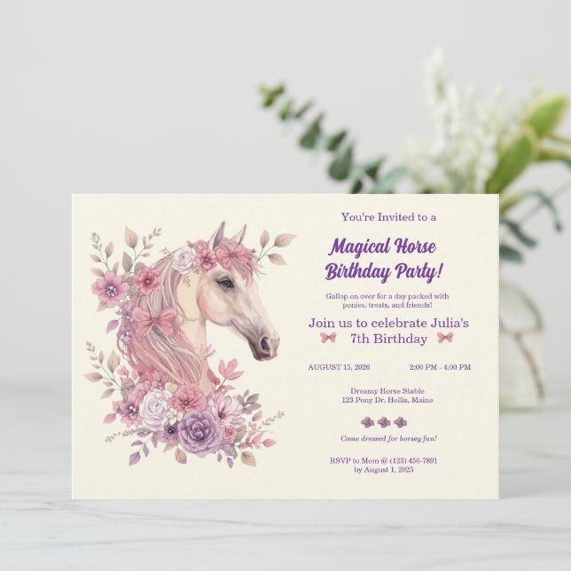 Invitación Ponis Bonitos y Pétalos Personalizables Caballo (Anverso de pie)