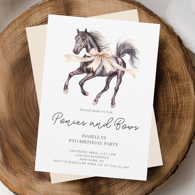 Invitación Ponis y arcos Caballo Negro 8ª fiesta de cumpleaño (Ponies and Bows Black Horse 8th Birthday Party Invitation)