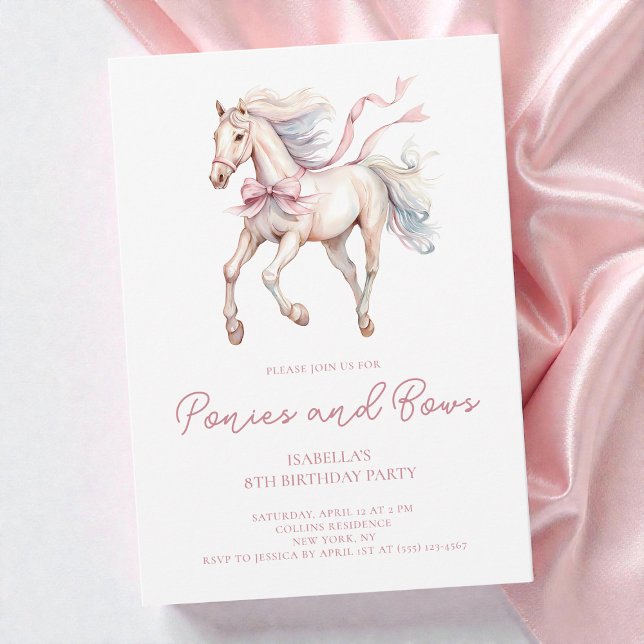 Invitación Ponis y Lazos Cumpleaños Fiesta de agua tinta rosa (Ponies and Bows Pink Watercolor 8th Birthday Party Invitation)