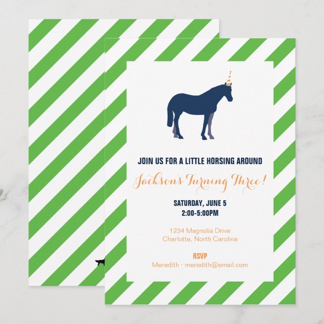 Invitación Pony Birthday Party Green (Anverso / Reverso)