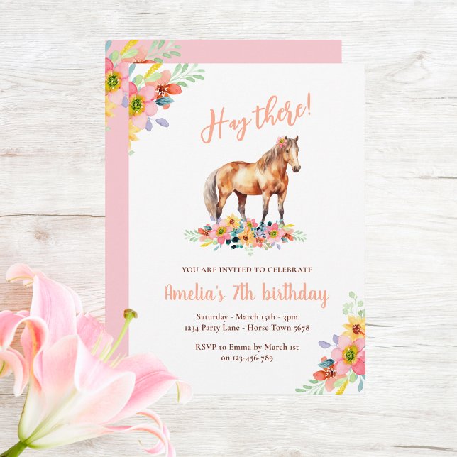 Invitación Pony floral de cumpleaños de caballo rosa (Subido por el creador)
