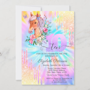 Invitación Pony Floral Glitter Drips Tie Dye 10º Cumpleaños 