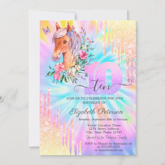 Invitación Pony Floral Purpurina Drips Tie Dye 10 cumpleaños (Anverso)