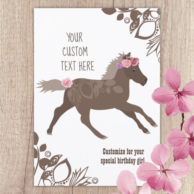 Invitación Pony marrón, galopante rosado, fiesta de cumpleaño (brown pony wearing pink roses on head and tail pony ride birthday party invitation)