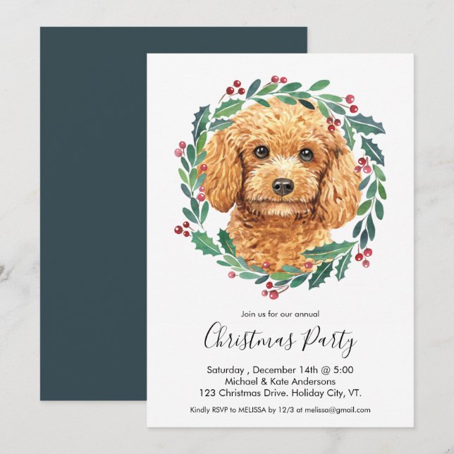 Invitación Poodle Cute Dog Elegant Wreath Navidades Fiesta (Anverso / Reverso)