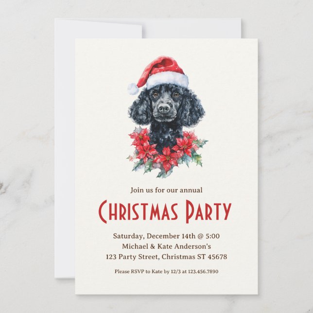 Invitación Poodle en un Fiesta de Navidades de perros negros  (Anverso)