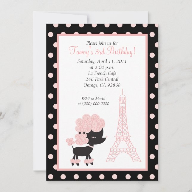 Invitación POODLE FRANCÉS PINCO Ooh la 5x7 cumpleaños (Anverso)