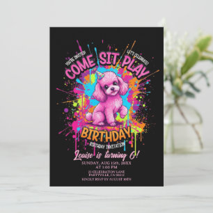 Invitación Poodle Francés Rosa Ven Siéntate Juega Cumpleaños