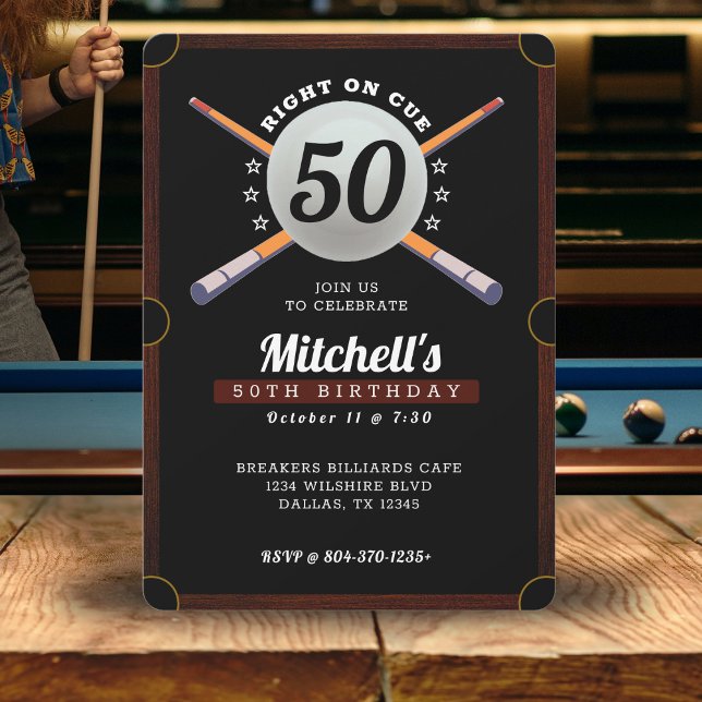 Invitación Pool Billiards 50ª fiesta de cumpleaños Black (Pool Billiards 50th Birthday Party Black Invitation
)