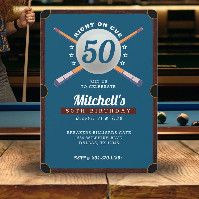 Invitación Pool Billiards 50th Birthday Party Blue (Pool Billiards 50th Birthday Party Blue Invitation
)