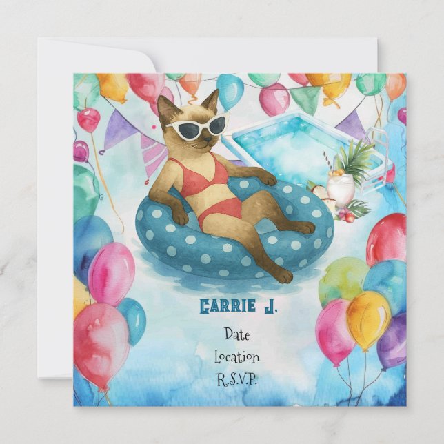 Invitación Pool Birthday Party for Cat Lovers   (Anverso)