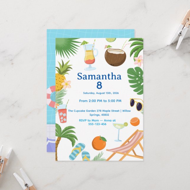 Invitación Pool Party Birthday Invitation - Summer Theme (Anverso/Reverso In Situ)