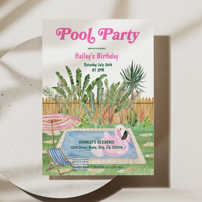 Invitación Pool Party Birthday Invite Pink (Pool Party Birthday Invite Pink)