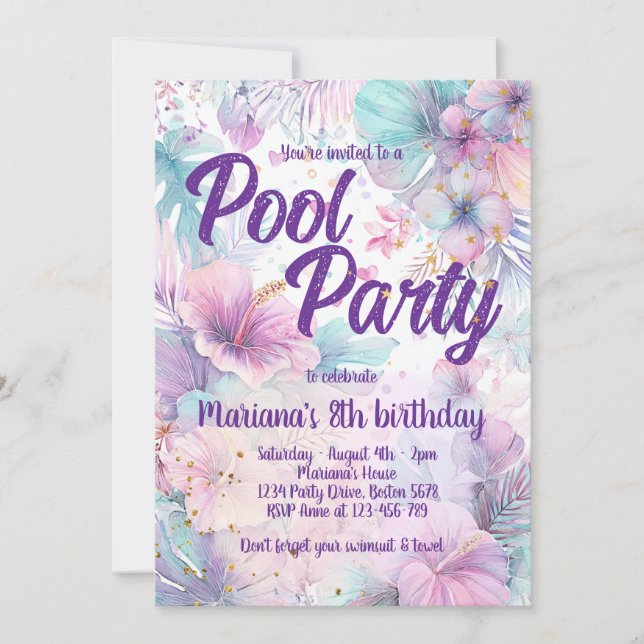 Invitación Pool Party Birthday Pink Girly Pool Party (Anverso)