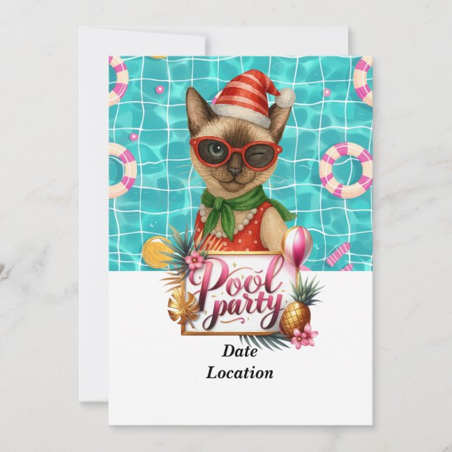 Invitación Pool Party Christmas in July for Cat Lovers (Anverso)