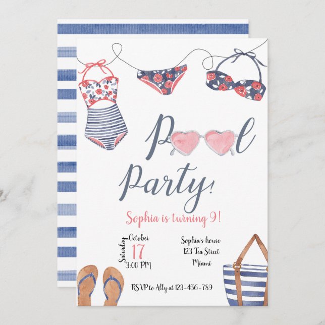 Invitación Pool Party Invitation, Pool Party Invite (Anverso / Reverso)
