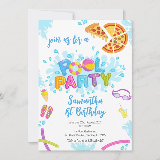 Invitación Pool Party | Modern Summer Themed Birthday Party (Anverso)