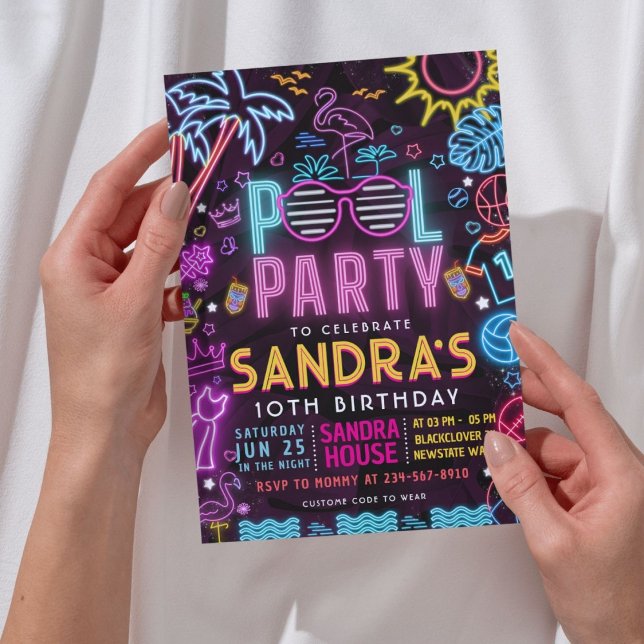 Invitación Pool Party Night | Neon Glow Birthday Party (pool party invitation)