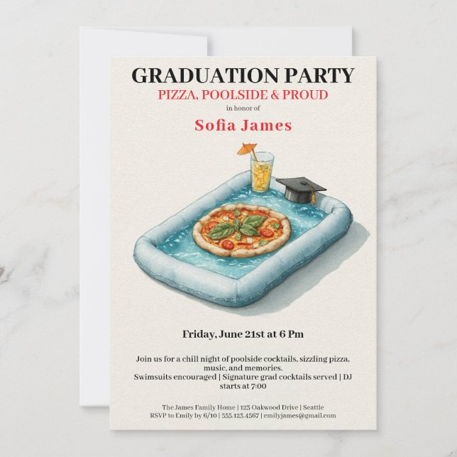 Invitación Pool Party Pizza Graduation Celebration Invitation (Anverso)