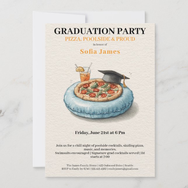 Invitación Pool Party Pizza Graduation Celebration Invitation (Anverso)