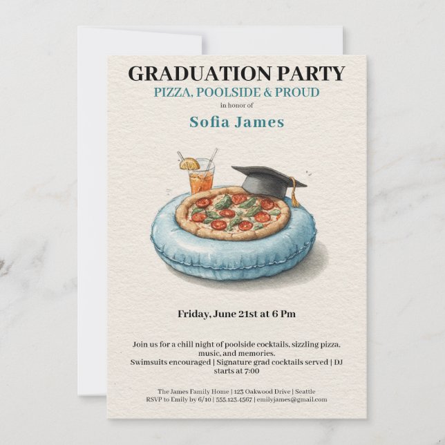 Invitación Pool Party Pizza Graduation Celebration Invitation (Anverso)