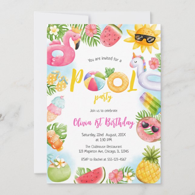 Invitación Pool Party Summer Theme Birthday Party Invitation (Anverso)