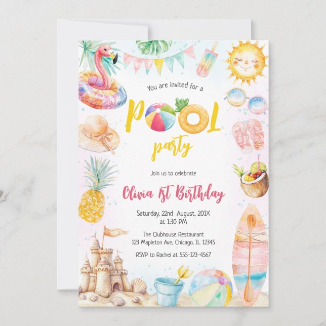 Invitación Pool Party Summer Theme Birthday Party Invitation (Anverso)