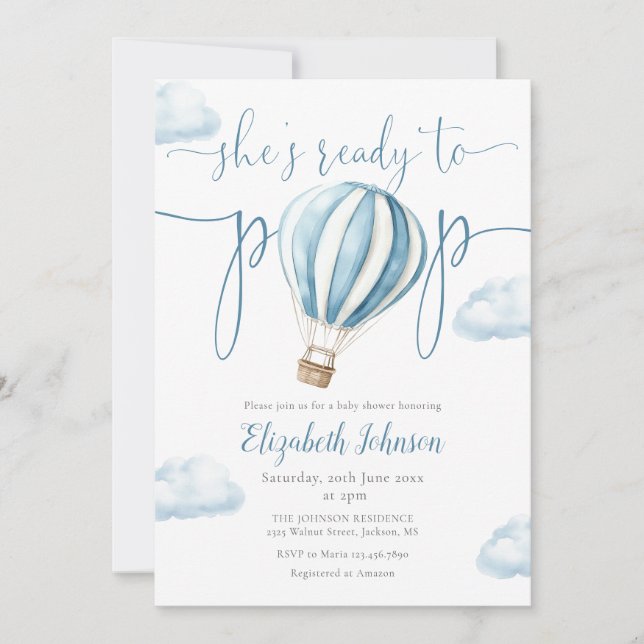 Invitación Pop Blue Balloon Chica All In One Baby Shower (Anverso)