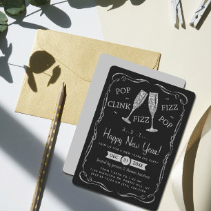 Invitación Pop, Clink, Fizz, Fiesta de Año Nuevo Plateado
