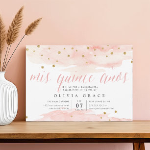 Invitación Pop de confetti rosado y dorado Quinceanera acua